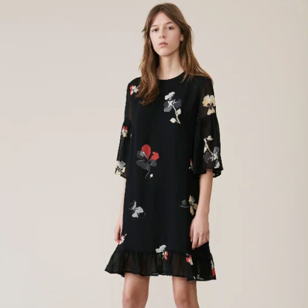 GANNI Lorita Georgette Mini Dress - Black w/ Floral Print - Size S